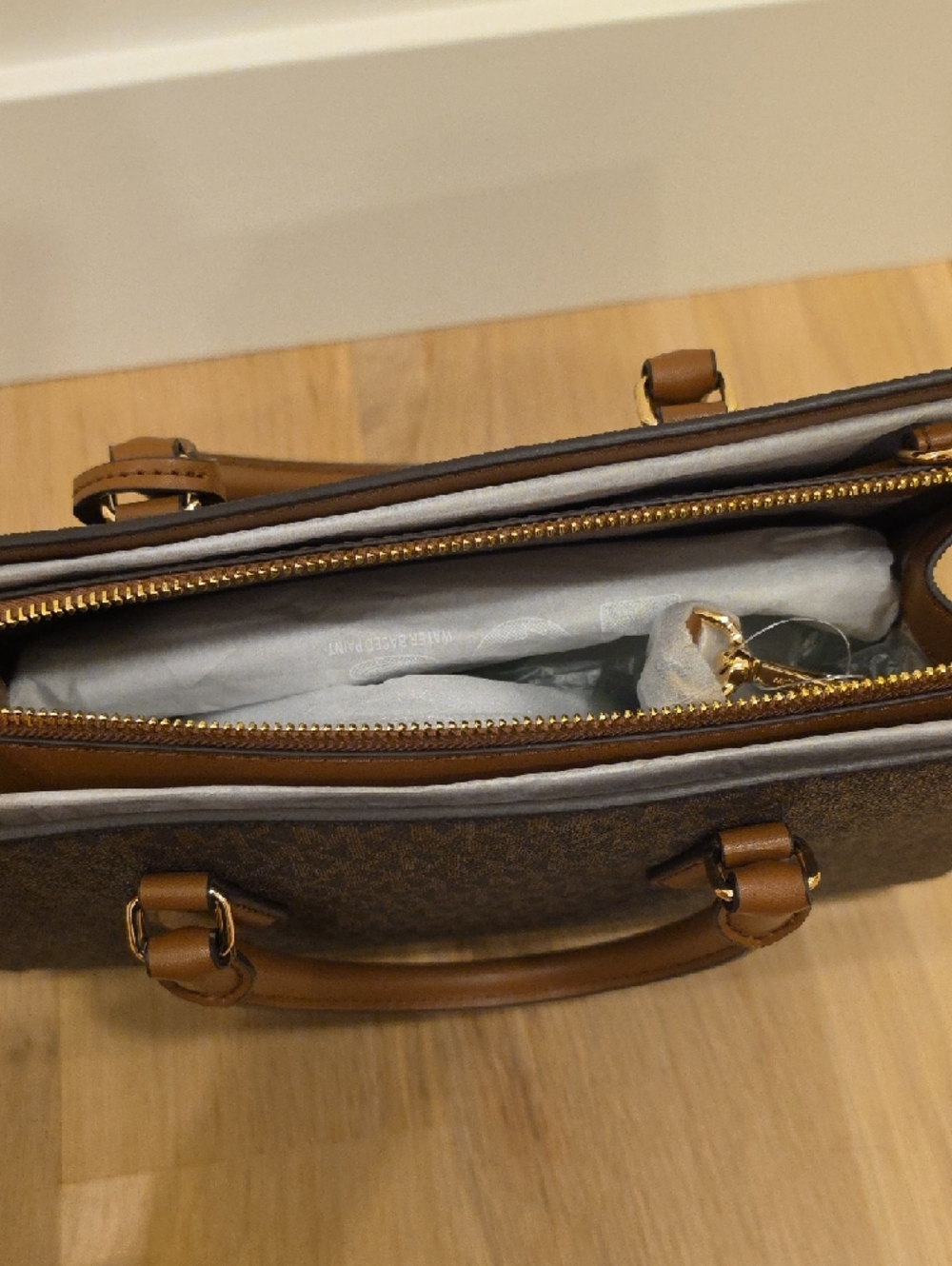 Michael Kors Brown Logo Satchel with Tan Trim and Gold Hardware - Picture 8 of 8